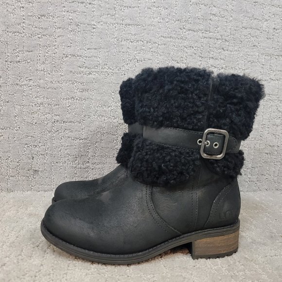UGG Australia Blayre II Women's Size US 5 Black Leather Ankle Shearling Boots - Picture 1 of 8